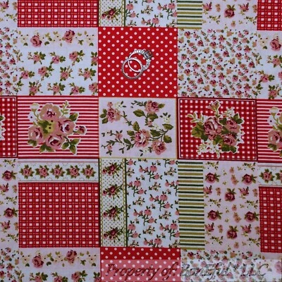 BonEful FABRIC FQ Cotton Quilt White Green Pink Red Rose Flower Xmas Calico Dot - Image 1 of 4