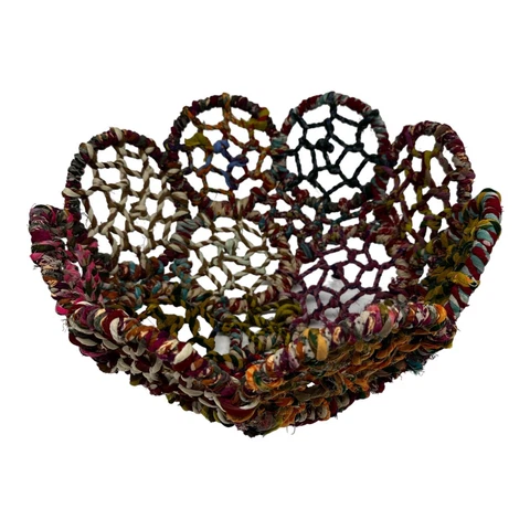 Eclectic Retro Boho Cotton Fabric Wrapped Wire Basket~Multicolor~Fruit~Catch All Cover