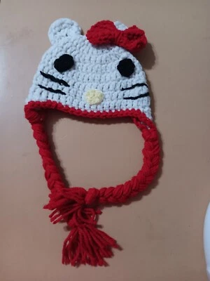 Crocheted "Hello Kitty" Baby Hat 3-6 mo. Size Knit Beanie Braided Ear Flaps Cap - Image 1 of 3