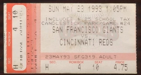 Ticket MLB San Francisco Giants 1993 5/23 Cincinnati Reds Barry Bonds HR 187 264 - Image 1 of 1