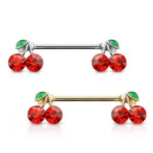 14G Nipple Barbell Ring External Threaded Surgical Steel Red CZ Cherry Fruit - Picture 1 of 6