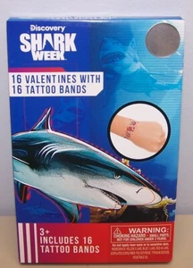 Valentines Day Exchange Cards Discovery Shark Week (Box of 16) with Tattoo Bands - Picture 1 of 4