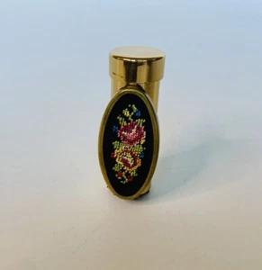 Lipstick Holder & Mirror GERMAN Embroidered Flowers VINTAGE - Picture 1 of 9