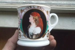 1890s ORIGINAL PORCELAIN SHAVING MUG PRETTY HAND PAINTED PIRATE GYPSY GIRL - Picture 1 of 7