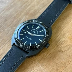 ZENO-WATCH 201-3-BB-BK Vintage-Style Quartz Diver Black Leather Strap New Japan - Picture 1 of 24