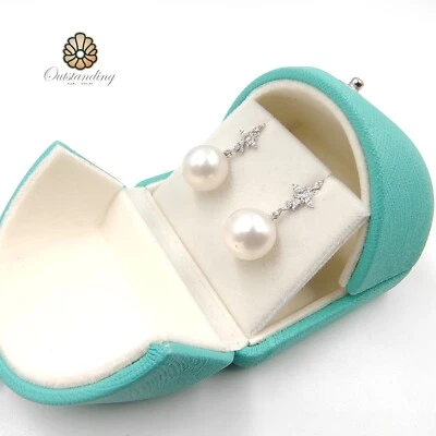 Real 10mm Australian White Pearl Earrings 18ct White Gold South African Diamonds - Image 1 of 4