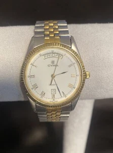 Vintage Swiss Made Solid 14k Gold Bezel CYMA Mens Quarts Date Watch 1960s EXLNT* - Picture 1 of 8