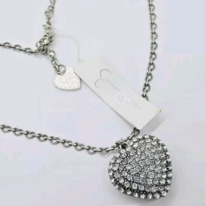JESSICA SIMPSON Necklace PAVE Heart Pendant Silver tone Crystal Celebrity  - Picture 1 of 7