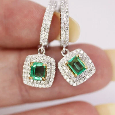 1.75 ctw Natural Green Emerald Diamond Solid 14k 2-Tone Gold Halo Drop Earrings - Image 1 of 4