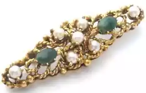 Pearl & Jade Brooch 14K Yellow Gold Bar Pin Brooch With Green Gemstones Vintage - Picture 1 of 8