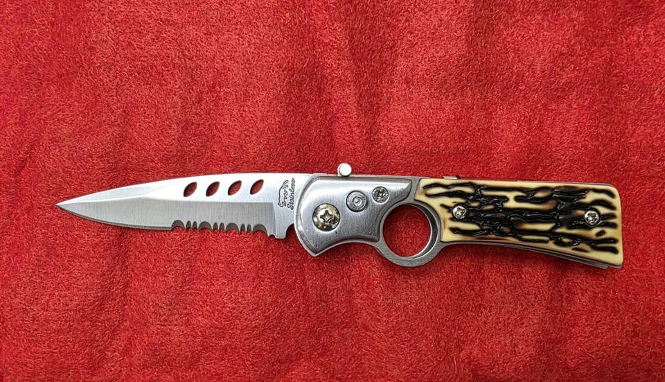 Stainless Folding Pocket Knife Built-In Flashlight–Faux Stag Handle-Spearpoint  - Image 1 of 4