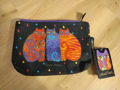 Laurel Burch Colorful Painted Cats On Black Canvas Cosmetic Utility Bag Logo NEW - Image 1 of 4