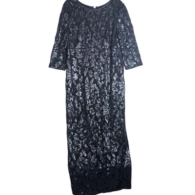 全新 Alex Evenings 蓝色黑色亮片网眼长礼服 3/4 袖女式 18 有内衬 — 第 1/4 张图片