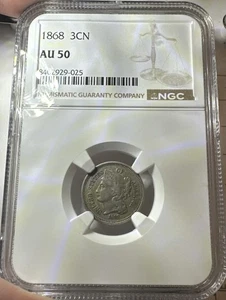NGC AU-50 1868 Nickel Three Cent Piece, Richly Hued w/ Light Luster. - Picture 1 of 6