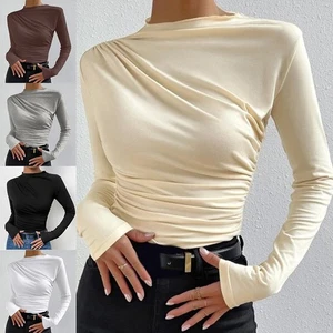13) Women's Pleated Top with Half High Collar Slim Fit Long Sleeve T shirt - Picture 1 of 49