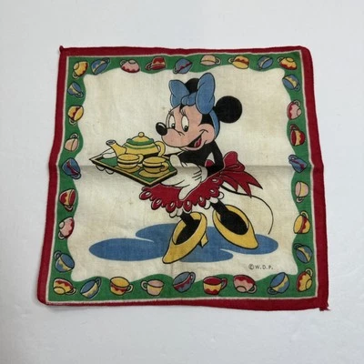 Pañuelo vintage de Disney, Minnie, Mouse Tea Party, 1950 8 1/4 X 8 1/4 Foto 1 de 4