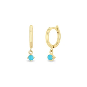 Dangling Turquoise Small Huggie Hoops 14K Yellow Gold Earrings Handmade Jewelry - Picture 1 of 3
