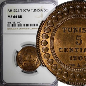 Tunisia Bronze AH1325//1907 A 5 Centimes NGC MS64 RB NICE TONED KM# 235 (050) - Picture 1 of 4