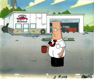 Original DILBERT Animation Cel:  Great DILBERT w/ Coffee & "Gargoyle Mobiloil" - Picture 1 of 1