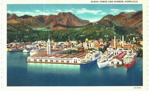 Honolulu Aloha Tower & Harbor lino INUTILIZZATO 1940 HI - Foto 1 di 2