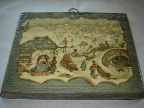 Vintage Signed Anton Pieck Winter Art Decoupage Print Wall Hanging Plaque Cover