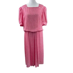 Vintage 90s Pink Floral Blouson Pleated Dress M Puff Sleeve Granny Defect USA - Picture 1 of 10