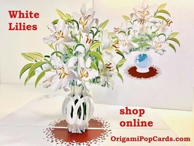 Tarjetas Pop Origami Ramo de Lirios Blancos Tarjeta de Felicitación Hecha a Mano Feliz Aniversario Foto 1 de 4
