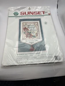 VTG Sunset "Warmest Greetings Banner" Christmas Cross Stitch on Perforated Paper - Picture 1 of 3