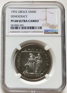 Greece 1993 Democracy 500 Drachmes Silver Coin NGC PF68UC - Picture 1 of 2