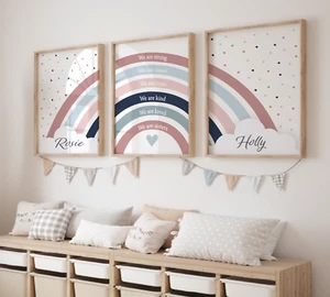 Sibling Rainbow Nursery Prints Personalised Girls Bedroom Positive Affirmations - Picture 1 of 8