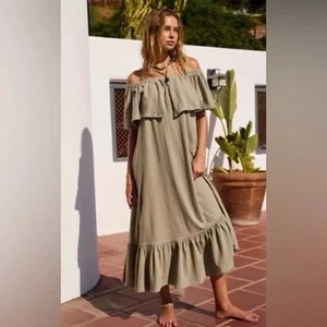 Free People Off The Shoulder Midi Maxi Dress Khaki Green Size M - Picture 1 of 8