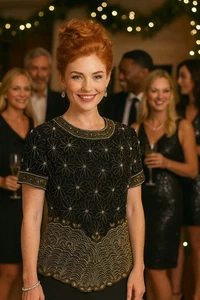 NWT Vtg Lawrence Kazar Silk Floral Beaded Embellished Top Black Tie Womens Large - Picture 1 of 22