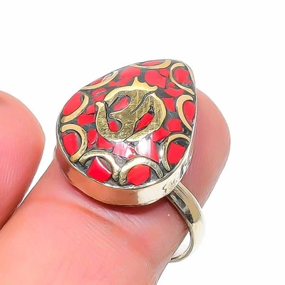 Anillo ajustable de piedras preciosas de coral rojo plata tibetana joyería nepalí antigua sin precio base 3172 Foto 1 de 4