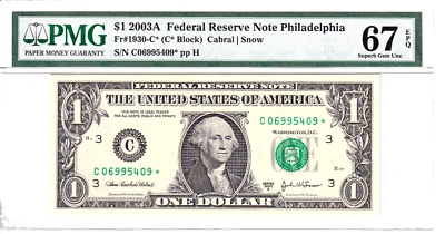 2003-A $1 FRN Philadelphia **STAR** Only 608k Printed PMG 67EPQ #C06995409* - Image 1 of 2