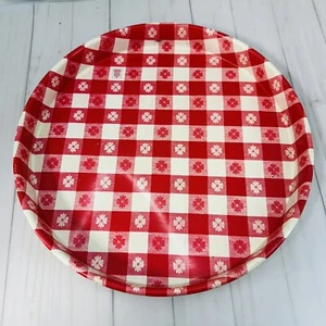 Vintage 14" Round Metal Serving Tray Red and White Checker Barware Platter - Picture 1 of 11