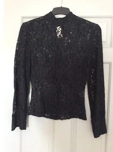 Black lacey shirt blouse with button cuffs, high neck, buttons down the back - Picture 1 of 4