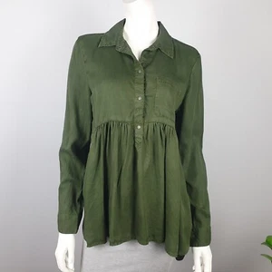 Zara Size S Button Up Shirt Top Tunic Pleated relaxed Long Sleeve Collar Green - Picture 1 of 12