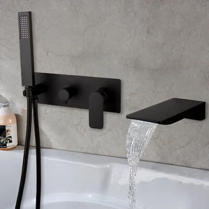 Black Bathroom Tub Waterfall Spout Wall Mounted Faucet & Hand Spray Mixer Tap - Picture 1 of 8
