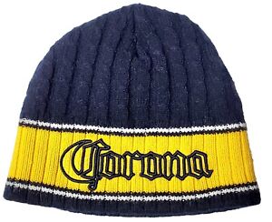 Chapeau brodé en tricot câble Corona bleu marine jaune logo concept un neuf avec étiquette