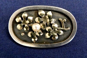 HANDWERK STERLING Applikation Zucht PERLE HANDARBEIT Vintage FLORAL PIN Nachlass - Bild 1 von 3
