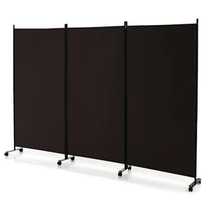 3-Panel Folding Room Divider 6Ft Rolling Privacy Screen w/Lockable Wheels Brown - Picture 1 of 9