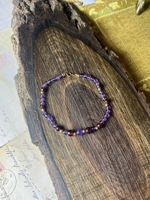 Pulsera de oro 14kt amatista y granate con cuentas V1261 Foto 1 de 4