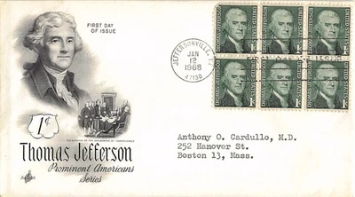 1968 Artcraft FDC Cachet Jefferson 1¢ #1278 First Day Cover Jeffersonville IN - Image 1 of 2