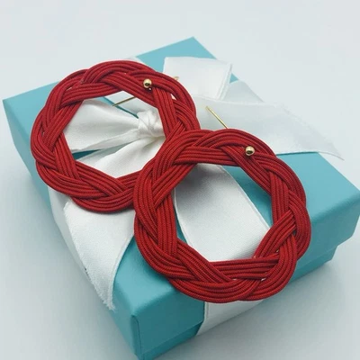 Tiffany & Co. Peretti 18K Yellow Gold Red Silk Circle Hook Earrings w Packaging - Image 1 of 4