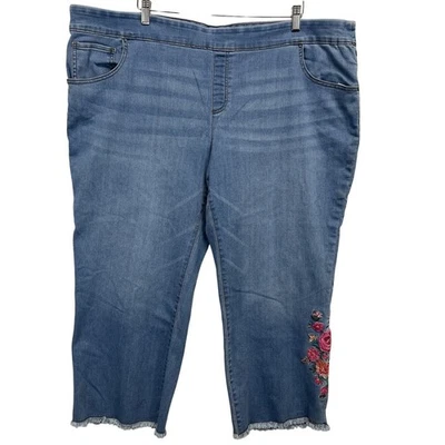 Pantalones de mezclilla Pioneer Woman 2X recortados capri dobladillo crudo bordado floral 45,5 Wx23 L Foto 1 de 4