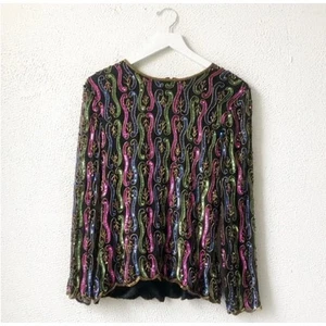 Vintage Stenay Beaded & Sequin Long Sleeve Top L - Picture 1 of 5