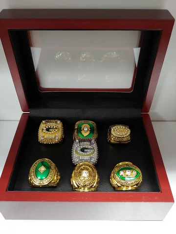 Green Bay Packers - Championship Super Bowl 7 Ring Set With Wooden Display Box Cover