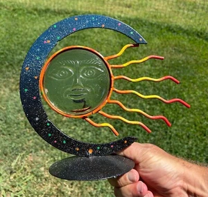 Hand Blown Molded Glass CELESTIAL Sun Face/Moon Votive Candle Holder, 8.5" Tall - Picture 1 of 4