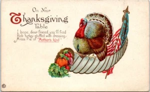 Patriotic Thanksgiving Postcard US Flag Stecher Turkey Pumpkin Cornocoppia - Picture 1 of 2