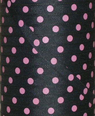 3/8" Woven Ribbon Black w/Pink Dippy Dots Polka Dots Lot of 10 rolls - Image 1 of 4